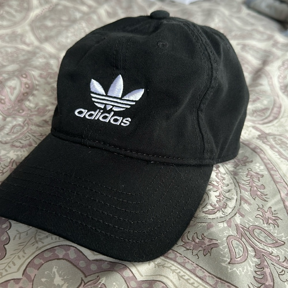 Black Adidas Hat with Adjustable Strap and Relaxed Fit